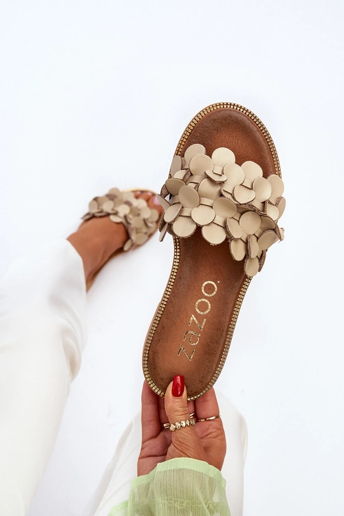 Zazoo 40381 Damskie Skórzane Klapki Na Płaskim Obcasie Beżowe