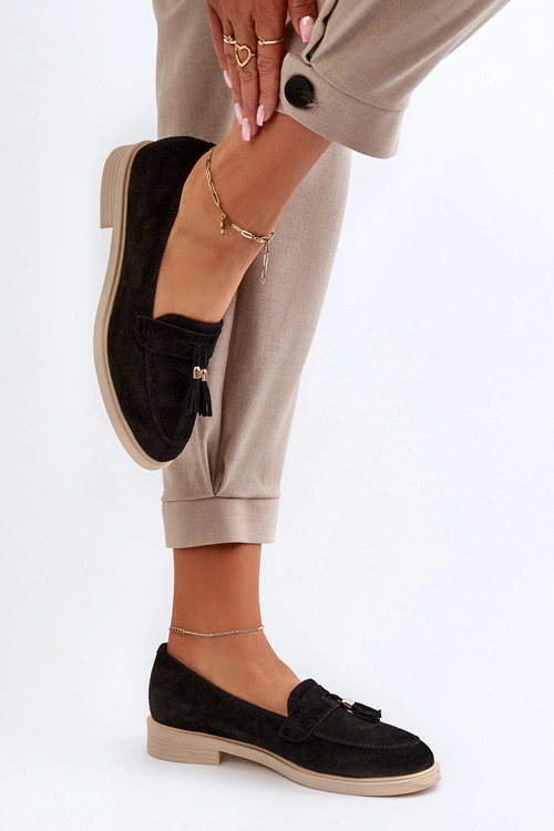 Zazoo 3420 Zamszowe Mokasyny Damskie Na Płaskim Obcasie Czarne