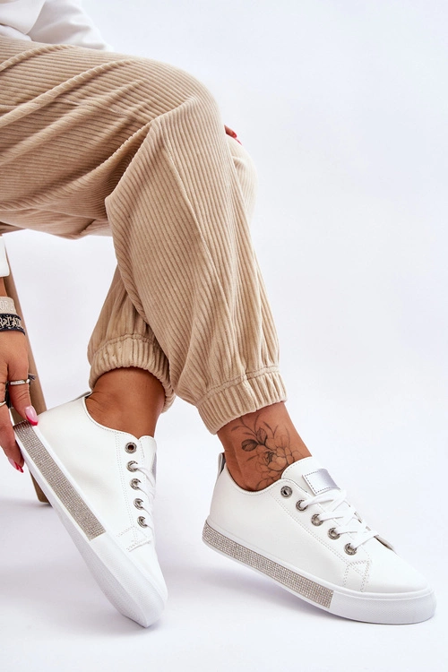 Niskie Trampki Damskie Z Dżetami Biało-Srebrne Demira