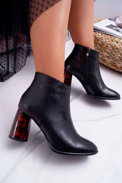 Botki Damskie Na Słupku Laura Messi Skórzane Czarne 2056