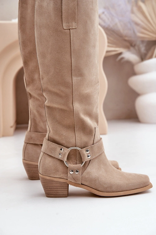 Zamszowe Kozaki Na Niskim Obcasie Z Cholewką Przed Kolano Zazoo 3444/O Jasnobeżowe