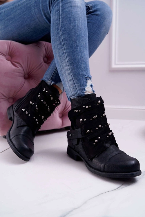 Damskie Botki Płaski Obcas Z Dżetami Czarne Valko