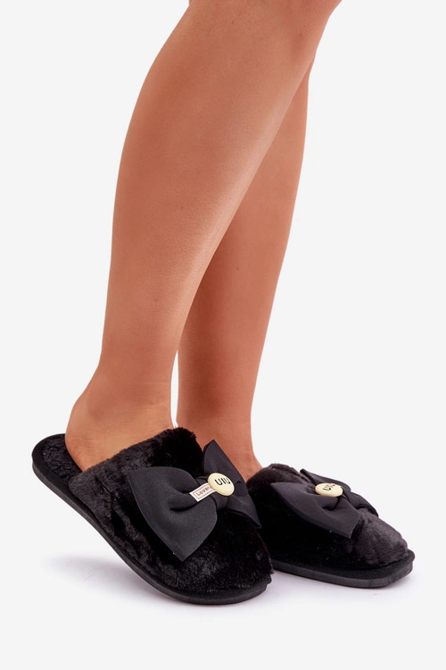 Kapcie Damskie Z Futerkiem I Kokardą Czarne Olfedi