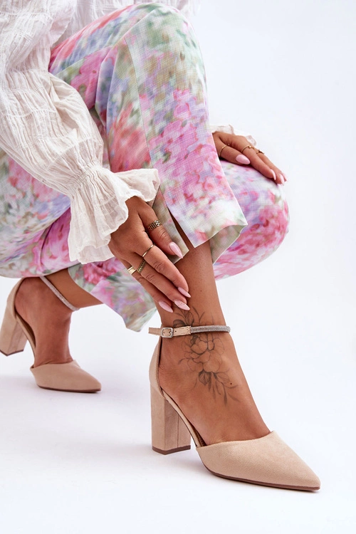 Zamszowe Czółenka Z Cyrkoniami Beżowe Diamond