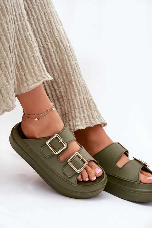 Klapki Damskie Na Platformie Ze Złotymi Klamrami Zielone Zorila