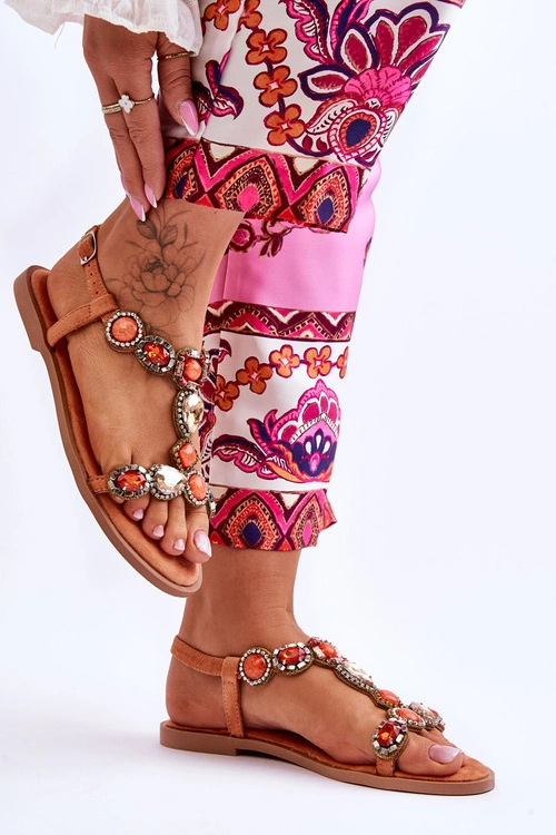 Zamszowe Płaskie Sandały Z Kamieniami Pomarańczowe Dallas