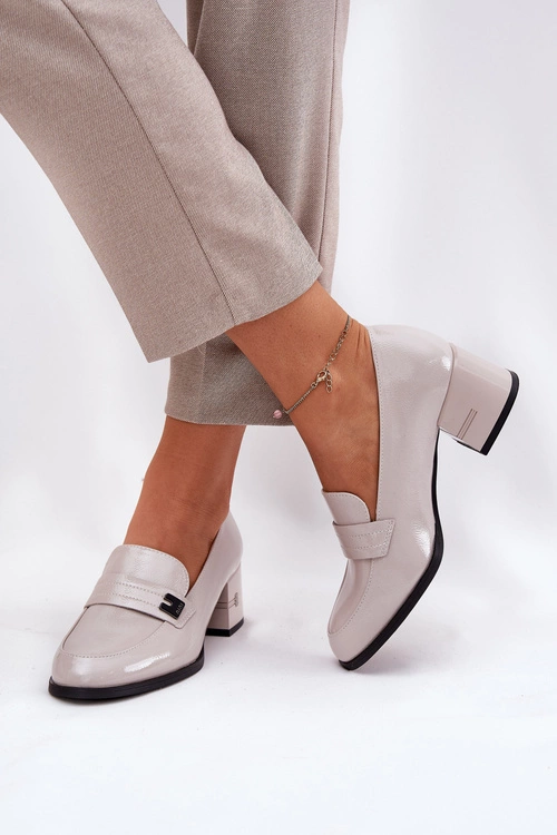 Lakierowane Skórzane Półbuty Damskie Na Obcasie Vinceza 18105 Szare