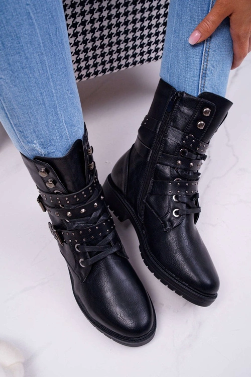 Botki Damskie Płaski Obcas Wysokie Czarne Emenbar