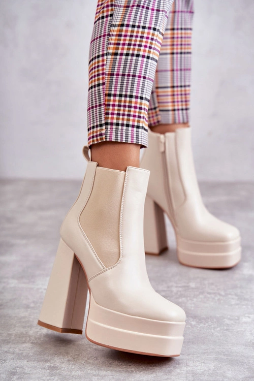 Damskie Skórzane Botki Na Masywnym Obcasie Beżowe Jones