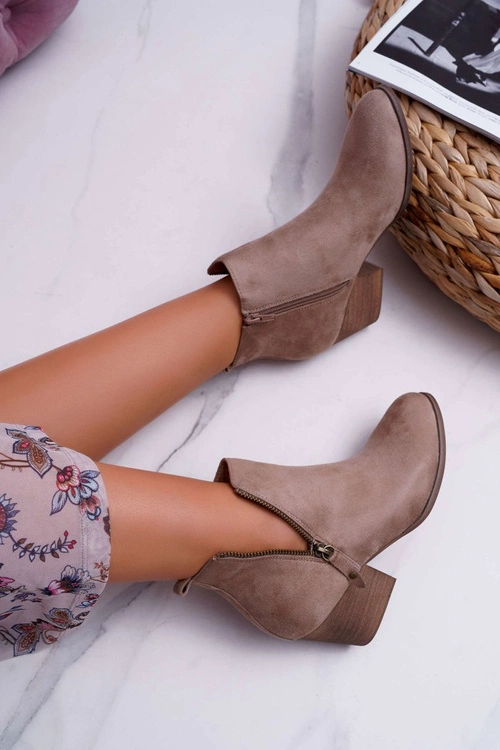 Botki Damskie Na Obcasie Suwak Zamszowe Beżowe Farre