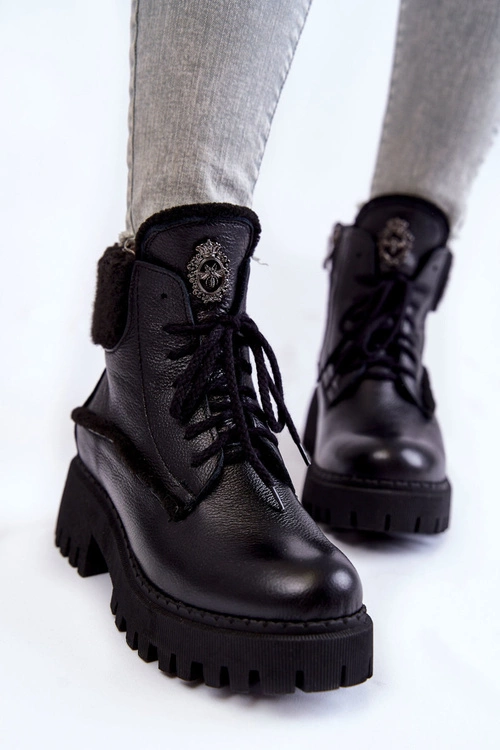 Damskie Skórzane Trapery Botki Czarne Lemar Vergo