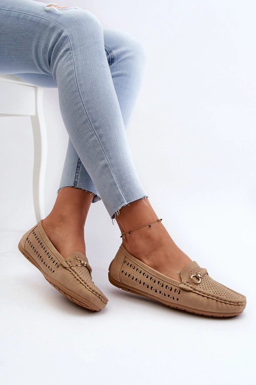 Mokasyny Damskie Ażurowe Z Ozdobą Brązowe Kaydance