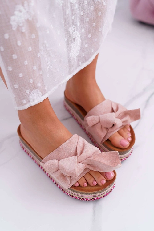 Klapki Damskie Na Platformie Z Kokardą Różowe Chantal