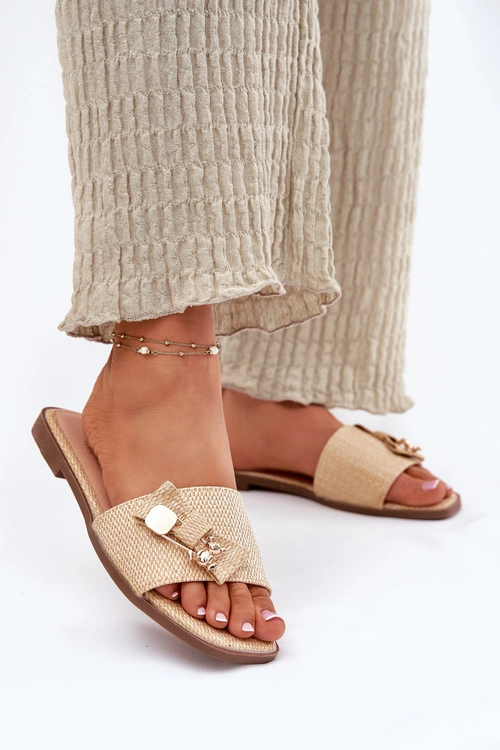 Klapki Damskie Na Płaskim Obcasie Z Kokardą Beżowe Sallariela