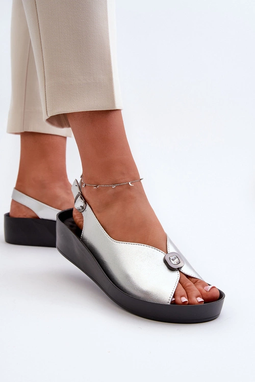 Skórzane Sandały Damskie Na Koturnie I Platformie S.Barski KV27-020 Srebrne