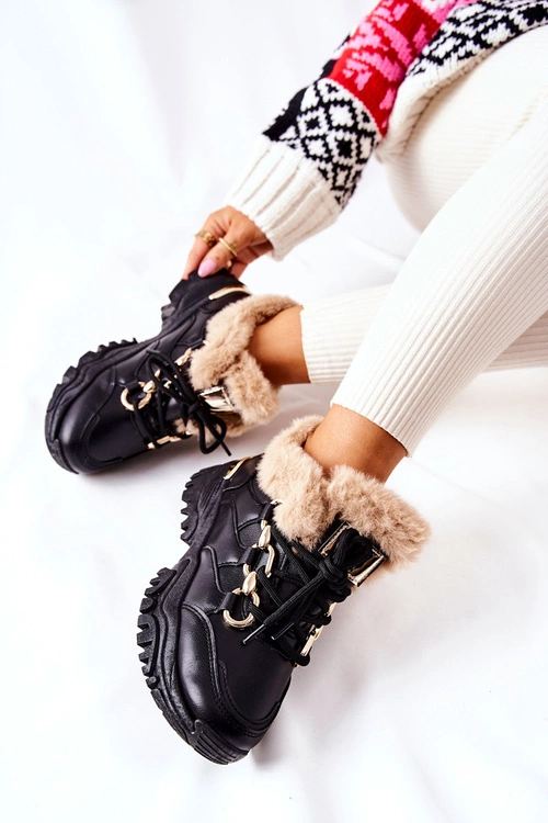 Skórzane Ocieplane Sportowe Buty Czarne Shiney