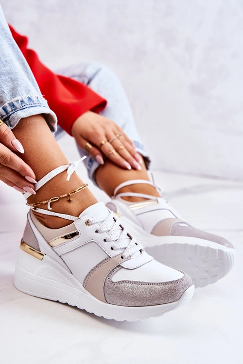 Skórzane Buty Sportowe Na Koturnie Biało-Szare Rayana