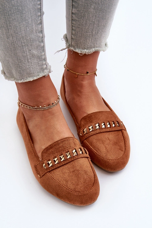 Błyszczące Mokasyny Damskie Z Łańcuchem Camel Aredilla