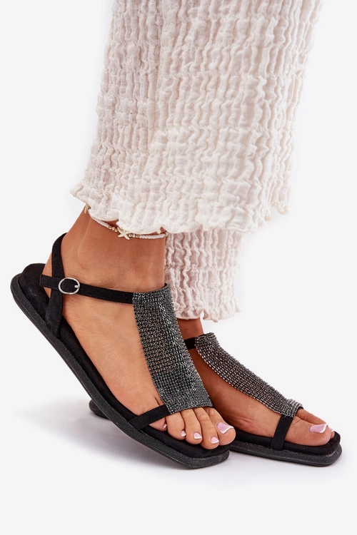 Płaskie Eleganckie Sandały Damskie Z Kryształkami Artiker 56C1370 Czarne