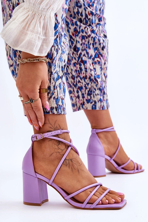 Skórzane Modne Damskie Sandały Na Obcasie Fioletowe Primma
