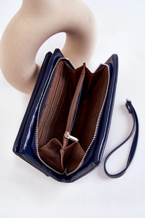 Damski Duży Skórzany Portfel Na Zamek Granatowy Shiness