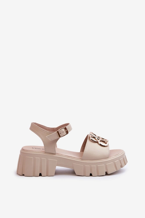 Skórzane Sandały Damskie Ze Złotą Ozdobą Beżowe Vinceza 7910