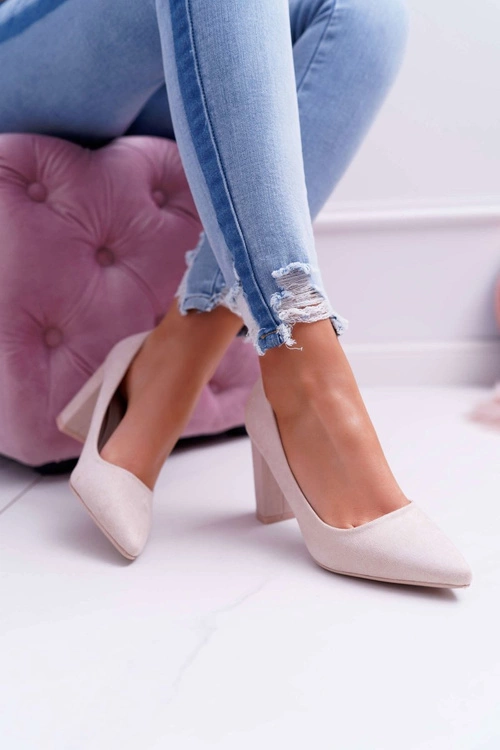 Czółenka Damskie Na Słupku Zamszowe Beżowe Raspberry