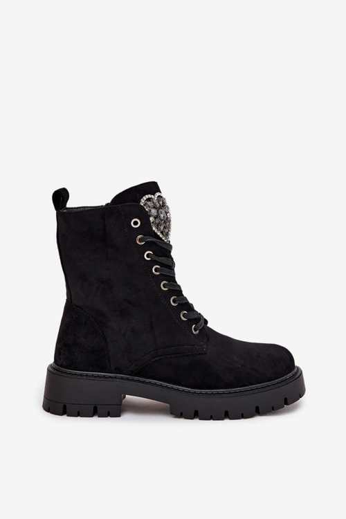 Botki Workery Z Biżuteryjną Ozdobą Ocieplane Eko Zamszowe Czarne Miryssa