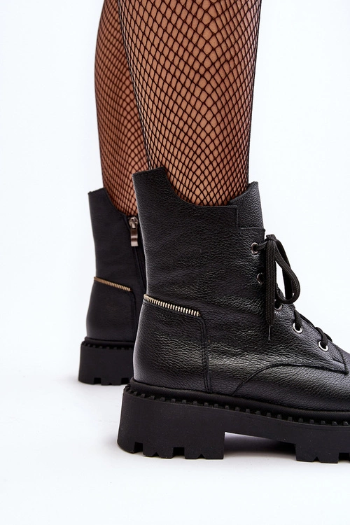 Skórzane Botki Trapery Damskie Na Suwak Zazoo 949P Czarne