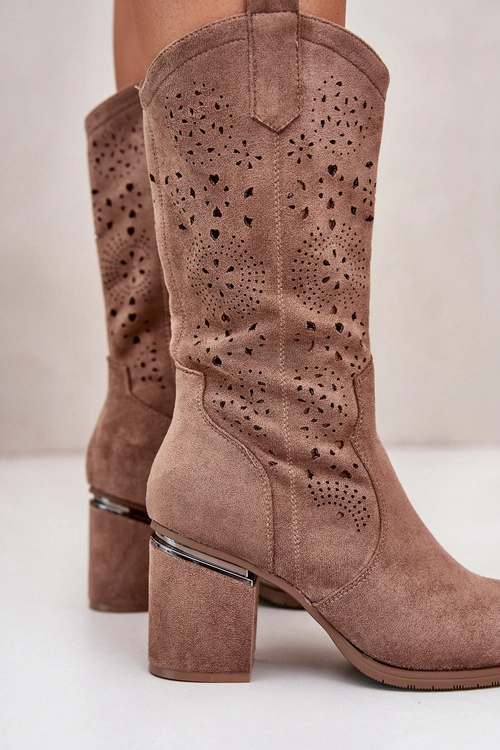 Kozaki Kowbojki Damskie Ażurowe Na Obcasie Słupku Eko Zamszowe Brązowe S.Barski HY42-028