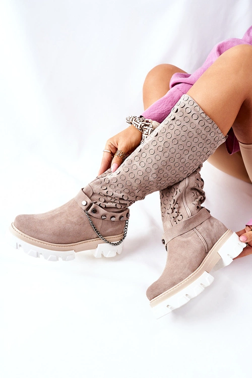 Damskie Skórzane Kozaki Lewski Cappuccino Zamszowe 2866