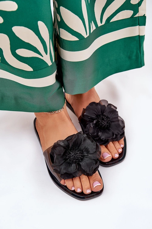 Transparentne Płaskie Klapki Damskie Ze Sztucznym Kwiatem Czarne Vobetta