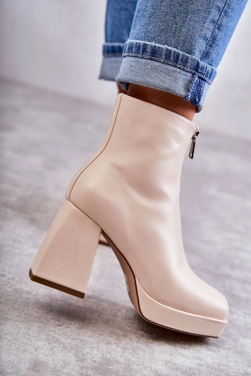 Damskie Botki Na Masywnym Obcasie Z Suwakiem Beżowe Carrera