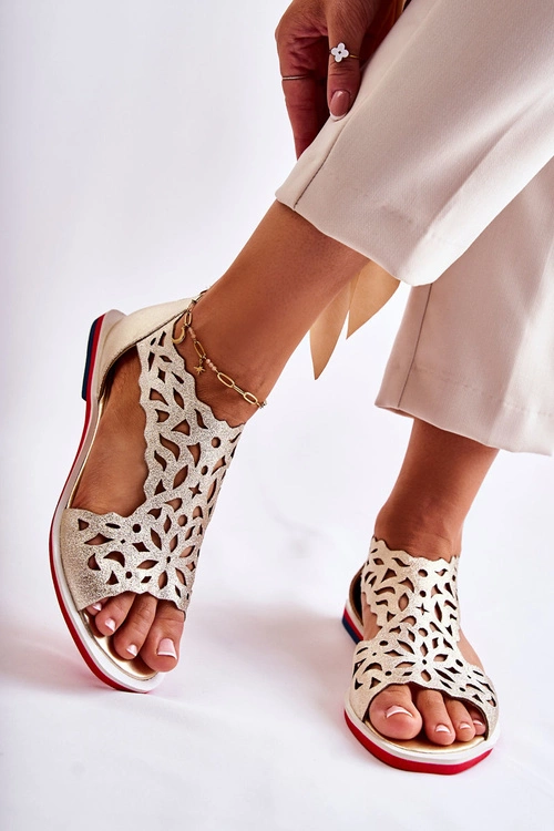 Skórzane Lekkie Ażurowe Sandały Złote Alima