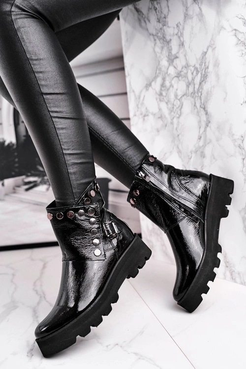 Damskie Botki Skórzane Lakierowane Czarne Exquisite 1199