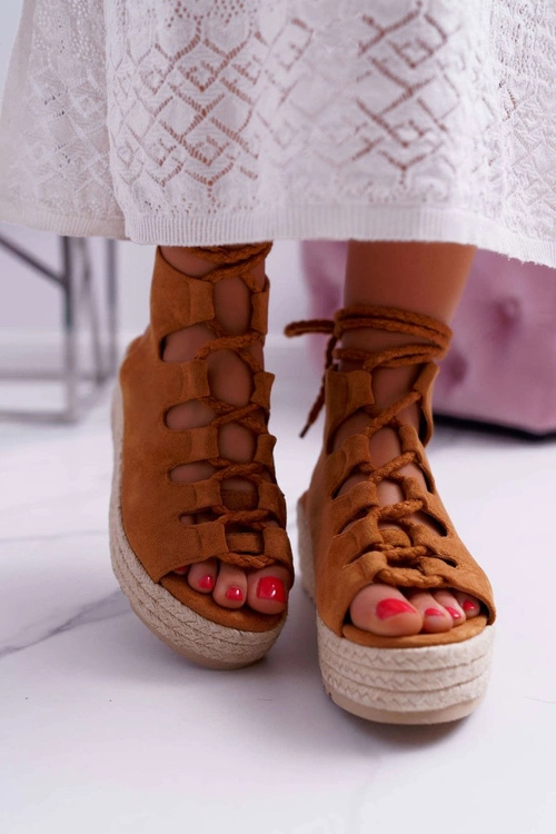 Sandały Damskie Na Platformie Z Espadrylem Sznurowane Camel Grand