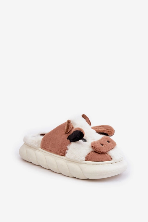 Futrzane Kapcie Krowy Damskie Brązowe Remiola