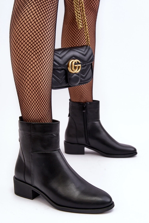 Damskie Skórzane Botki Na Suwak Czarne Semotti