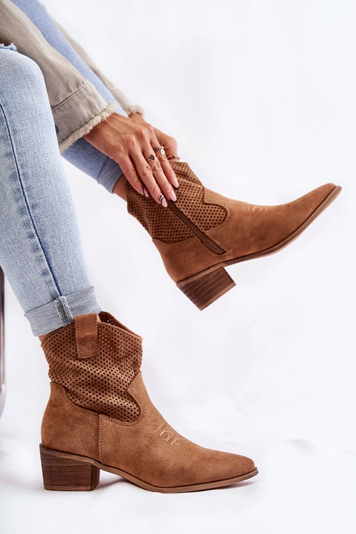 Zamszowe Ażurowe Botki Kowbojki Z Przeszyciem Camel Elvire