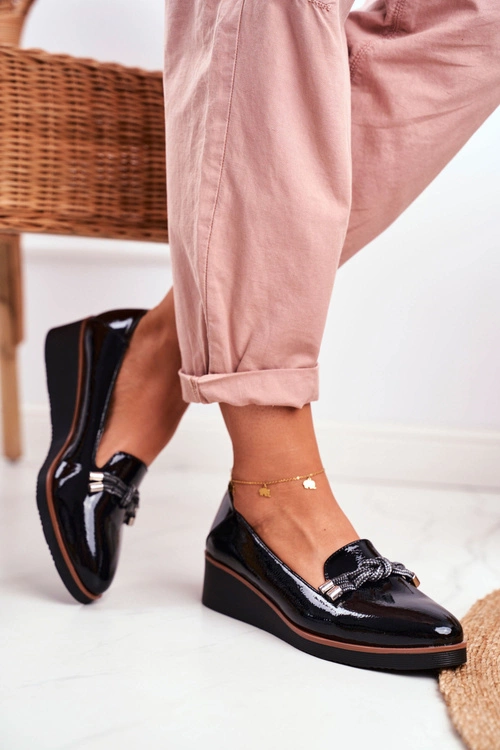 Mokasyny Damskie Czarne Lakierowane Na Koturnie Abba