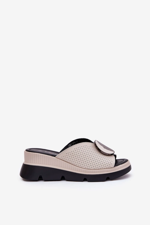 Skórzane Klapki Damskie Z Ozdobą S.Barski LR51-662 Beżowe