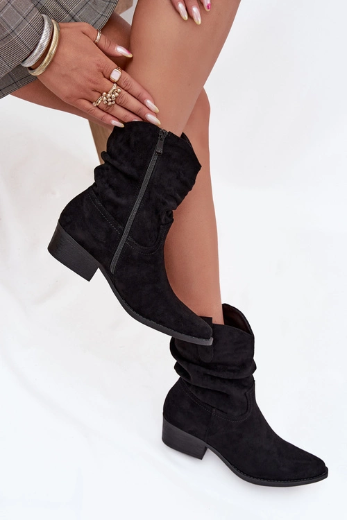 Botki Damskie Na Niskim Obcasie Z Marszczeniem Czarne Adena