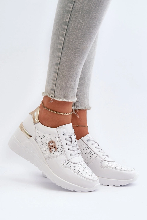 Damskie Skórzane Sneakersy Na Koturnie Białe D&A LR810