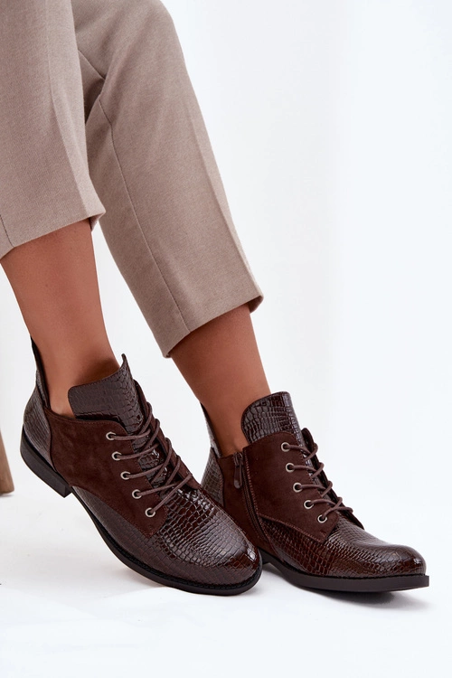 Lakierowane Botki Damskie Z Ozdobnym Tłoczeniem Ocieplane Vinceza 16477 Brązowe