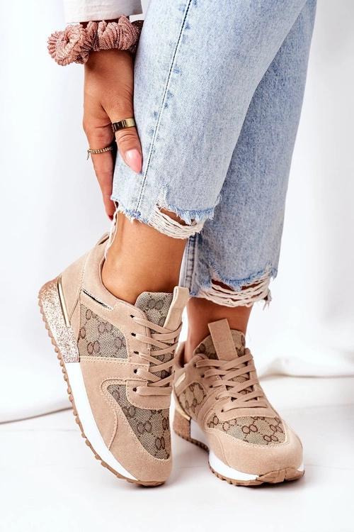 Sportowe Buty Sneakersy Beżowo-Złote Aruba