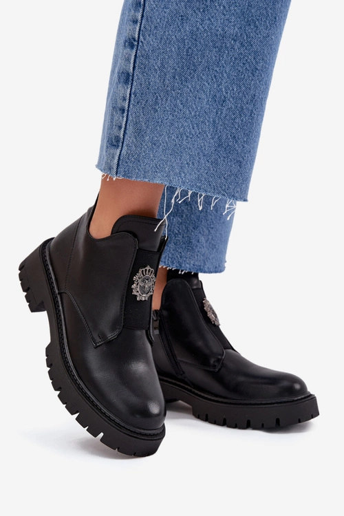 Ocieplane Niskie Botki Damskie Z Ozdobą Na Zamek Czarne Lavira