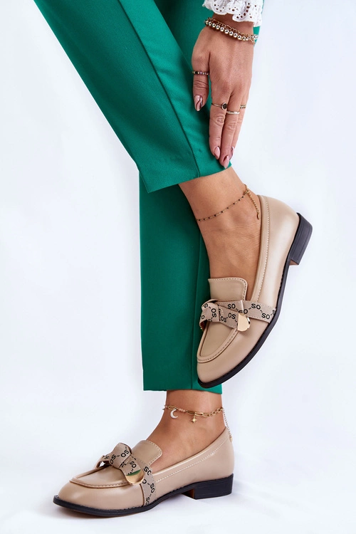 Damskie Skórzane Mokasyny Z Kokardą Beżowe Dayes