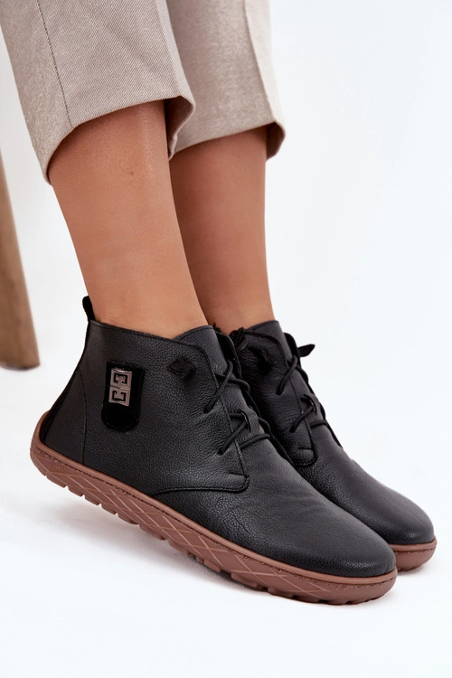 Skórzane Półbuty Barefoot Damskie Z Ozdobnym Detalem Zazoo 30072 Czarne