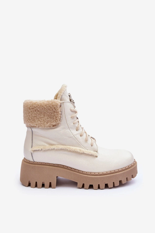 Damskie Skórzane Trapery Botki Kremowe Lemar Vergo