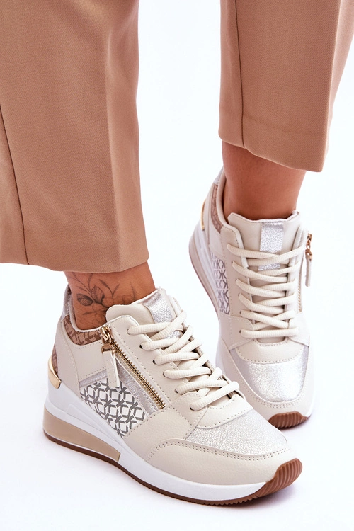 Modne Sneakersy Damskie Na Koturnie Beżowe Jolly